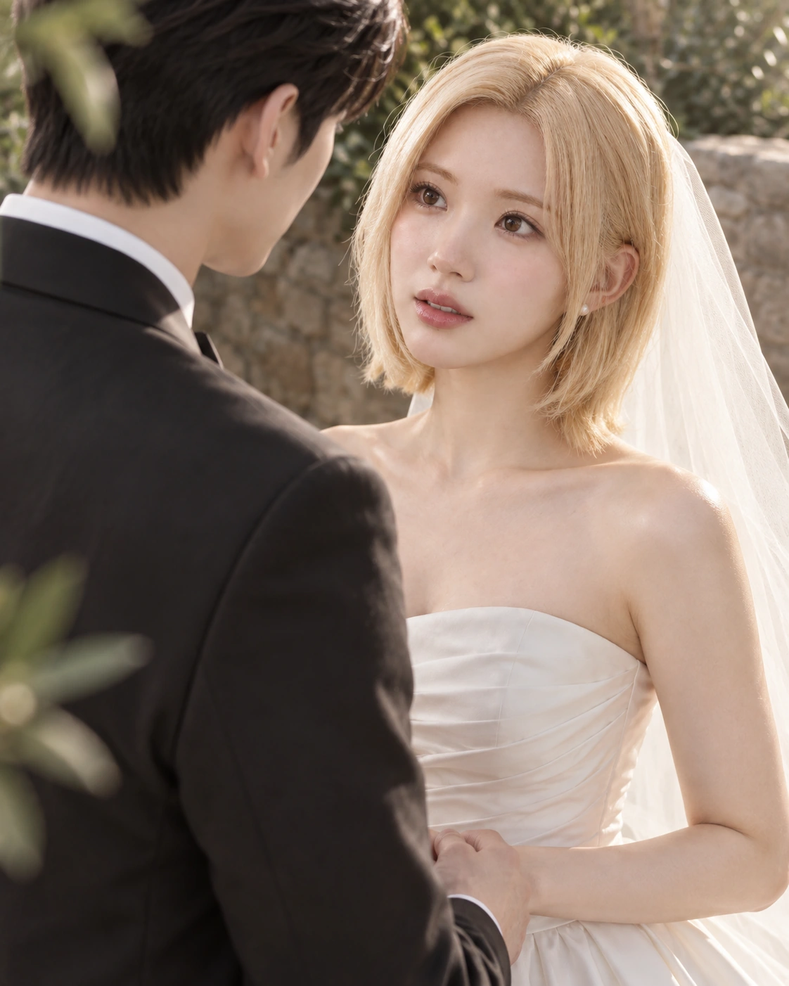 손을 잡고 서로를 바라보는 웨딩 커플