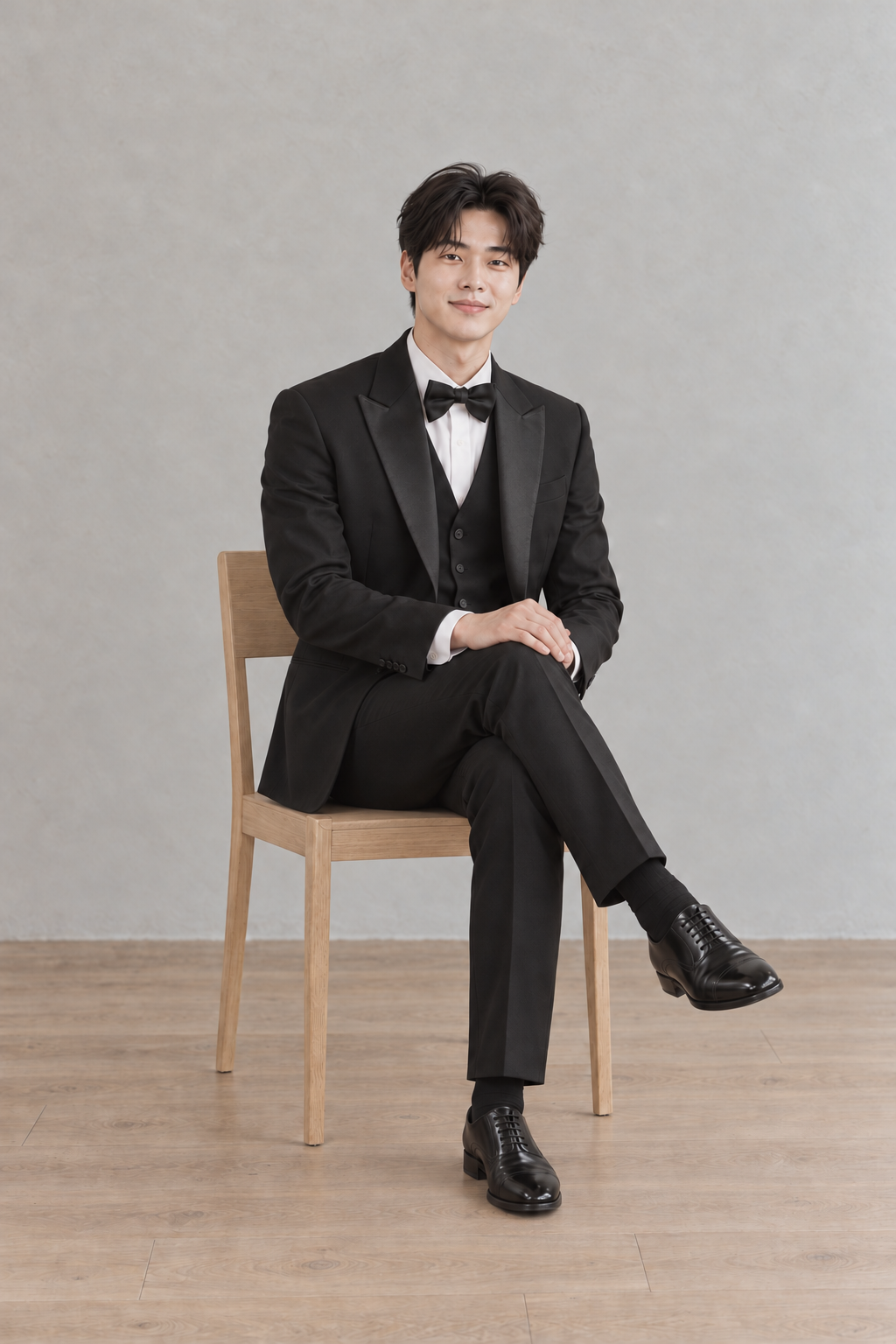다리를 꼬고 무릎 위에 손을 둔 자세