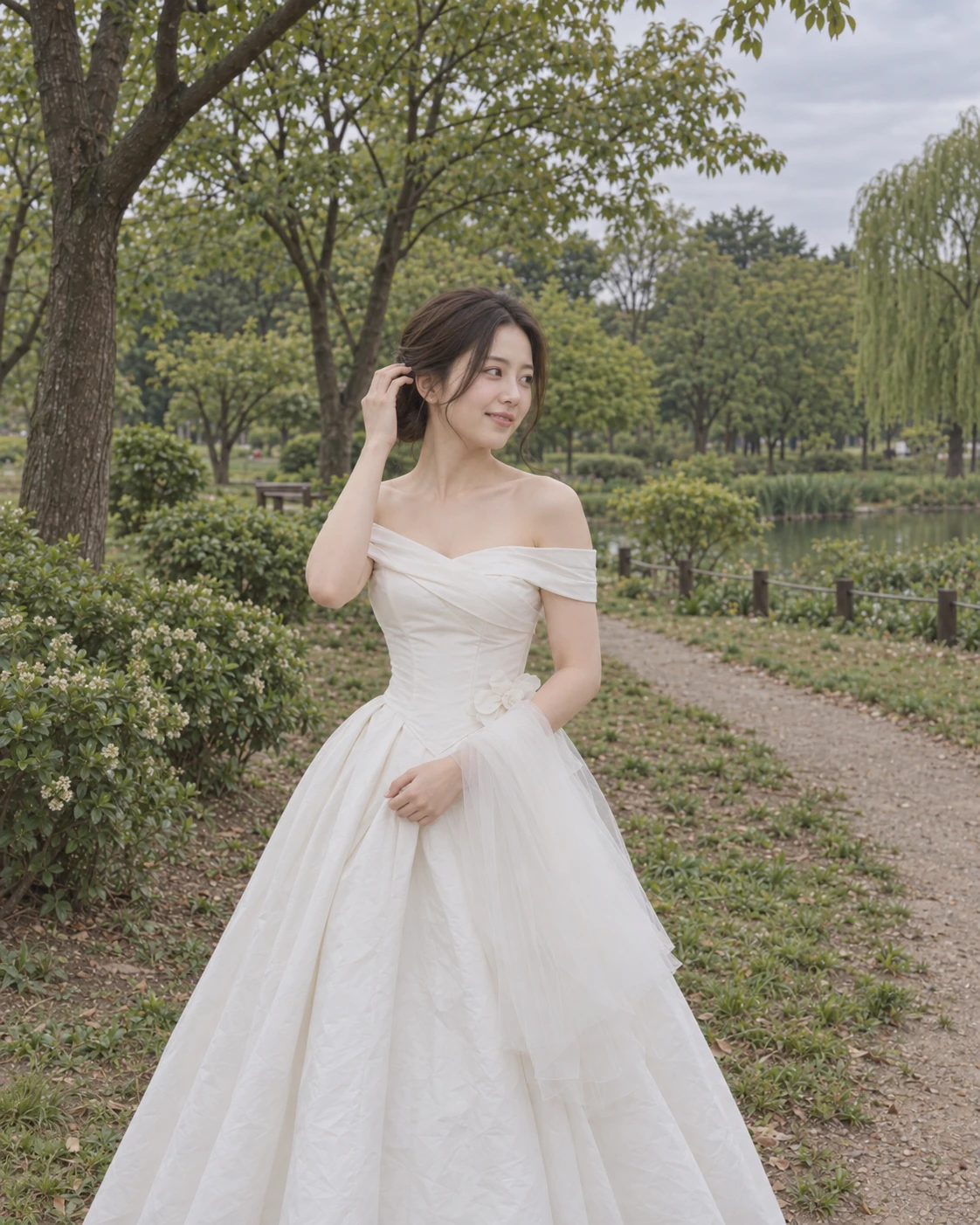 공원에서 귀 옆 머리카락을 정리하며 접은 베일을 들고 있는 신부
