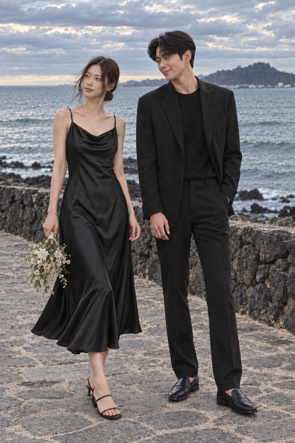 현무암 해안의 검정 새틴 드레스와 매트한 검정 수트 전신