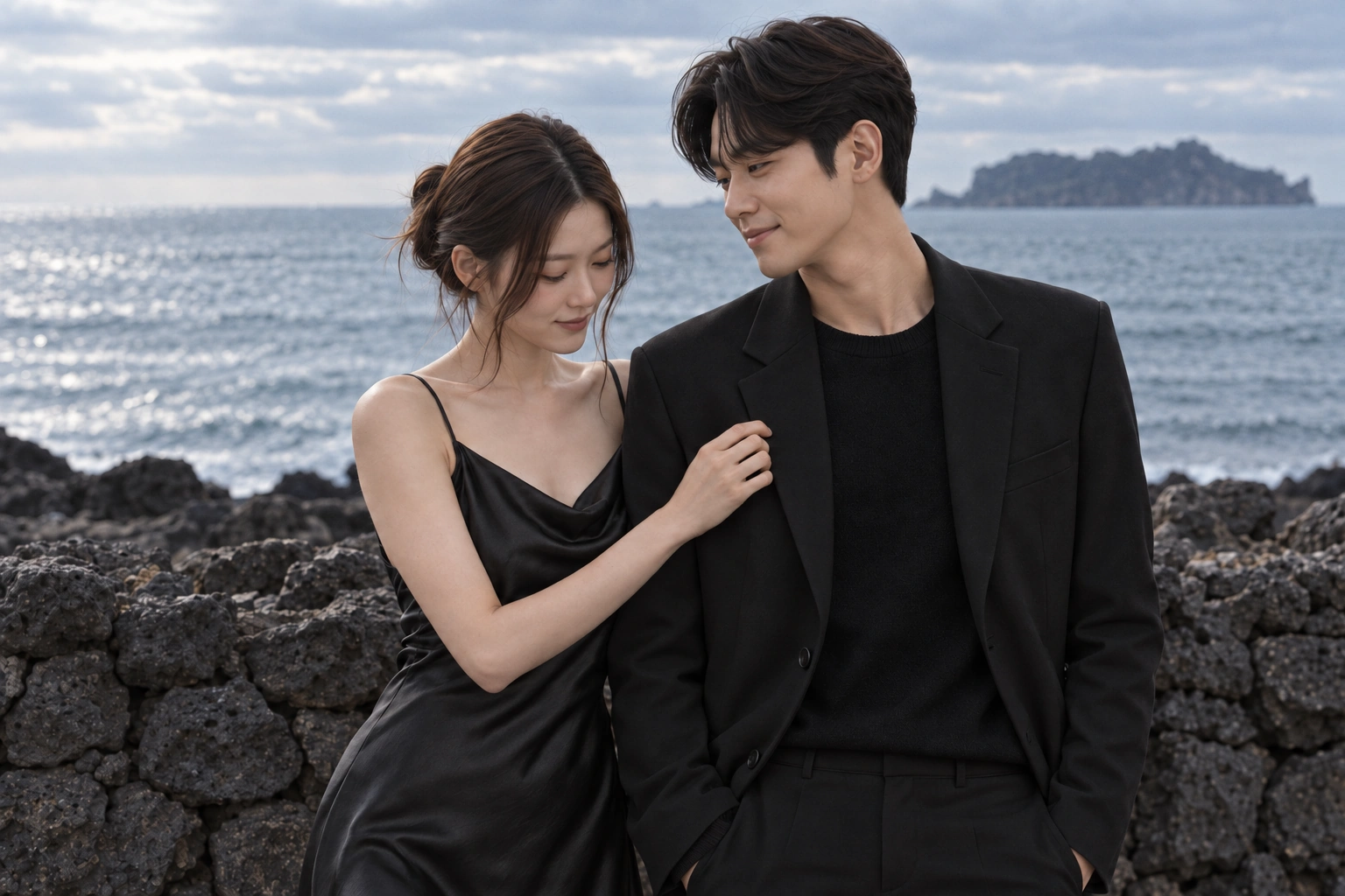 검정 드레스 커플의 가까운 사진, 손과 재킷 라펠