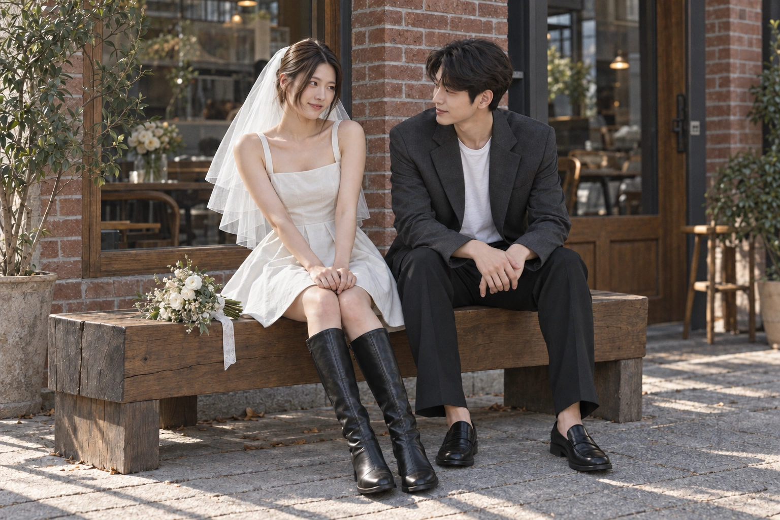 같은 커플이 벤치에 앉은 모습, 미니드레스와 부츠가 보이는 전신