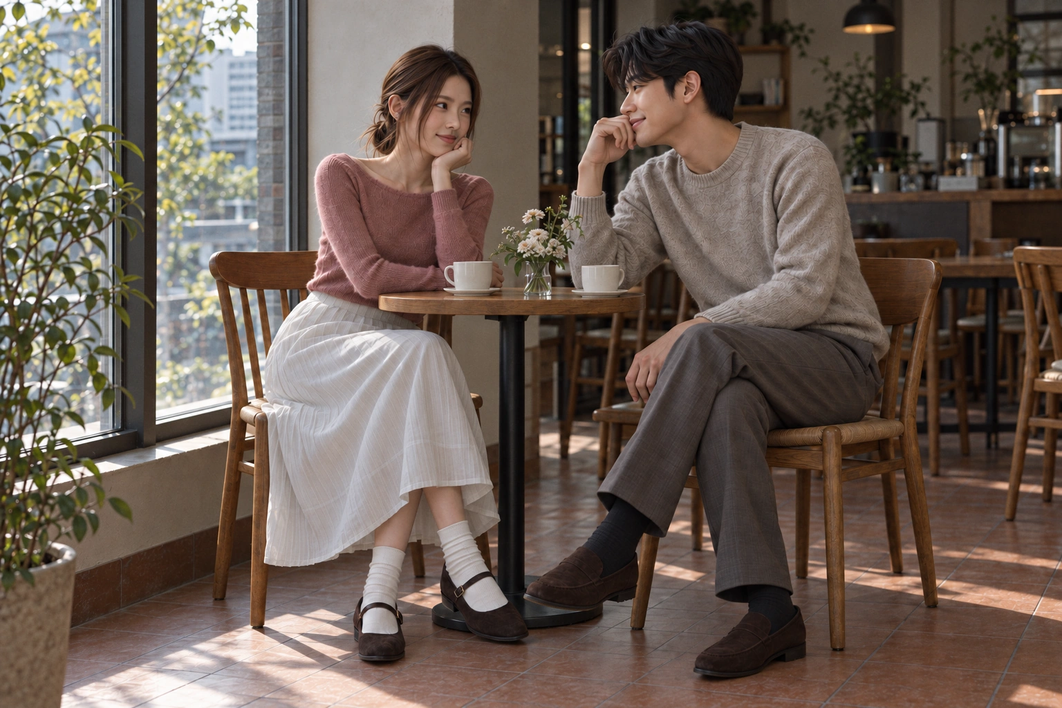 창가 카페에서 니트 차림으로 마주 앉은 커플 전신
