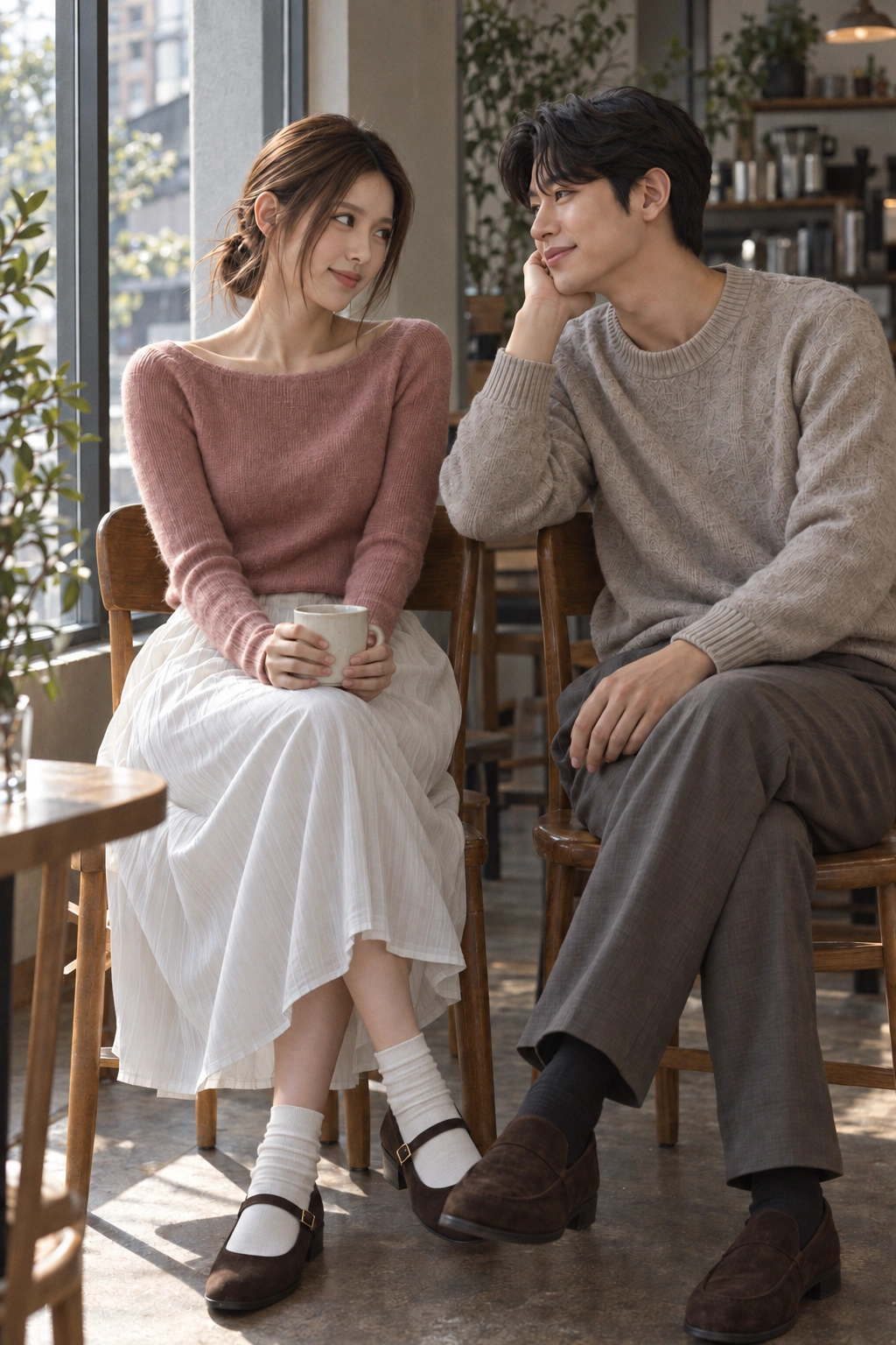 니트 차림 커플이 컵을 들고 나란히 앉은 가까운 세로 사진