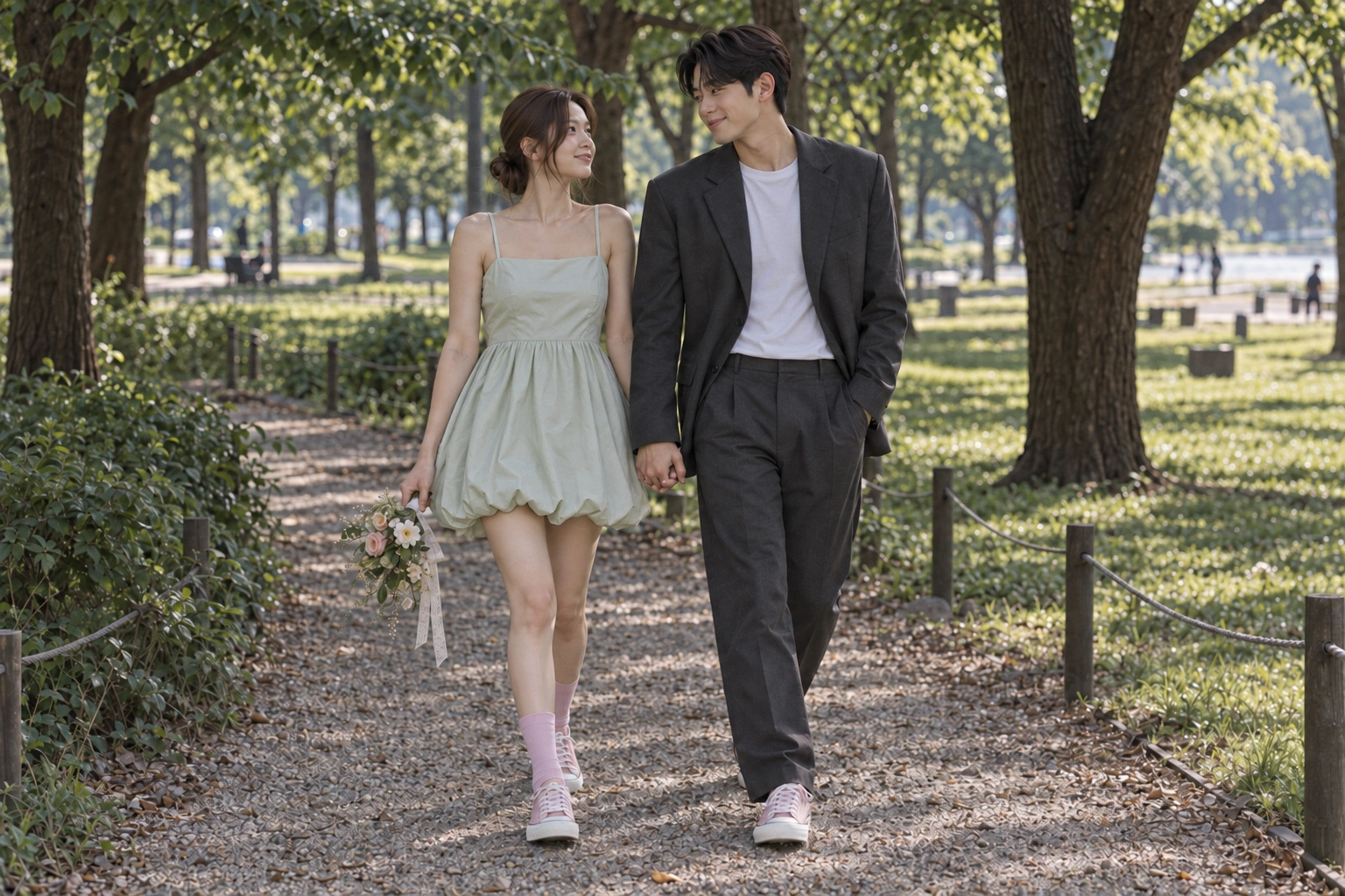 서울의 숲길을 걷는 민트 미니드레스와 수트 커플, 분홍 운동화