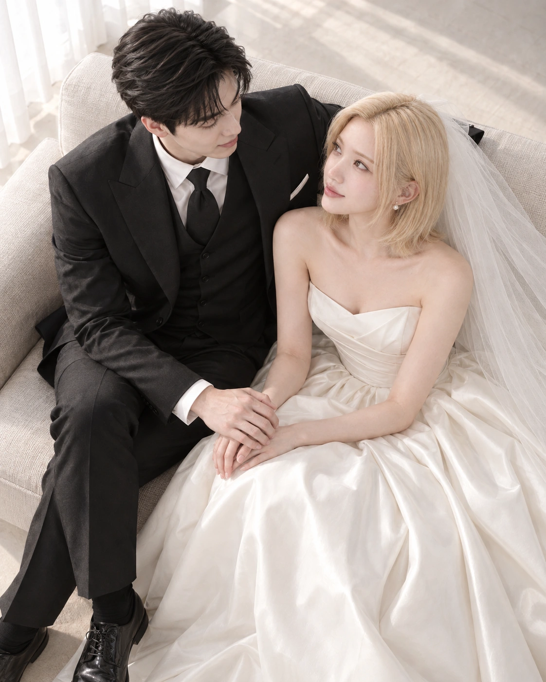 소파에서 손을 포개고 서로 바라보는 커플을 위에서 본 사진