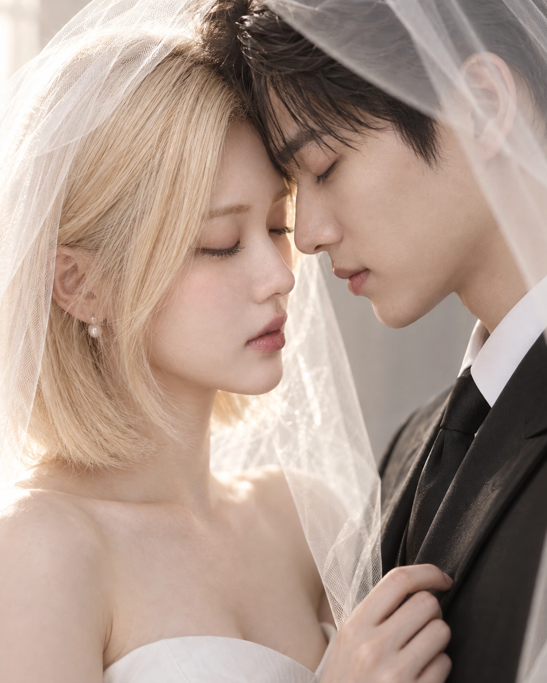 베일 아래 이마를 가까이 한 커플