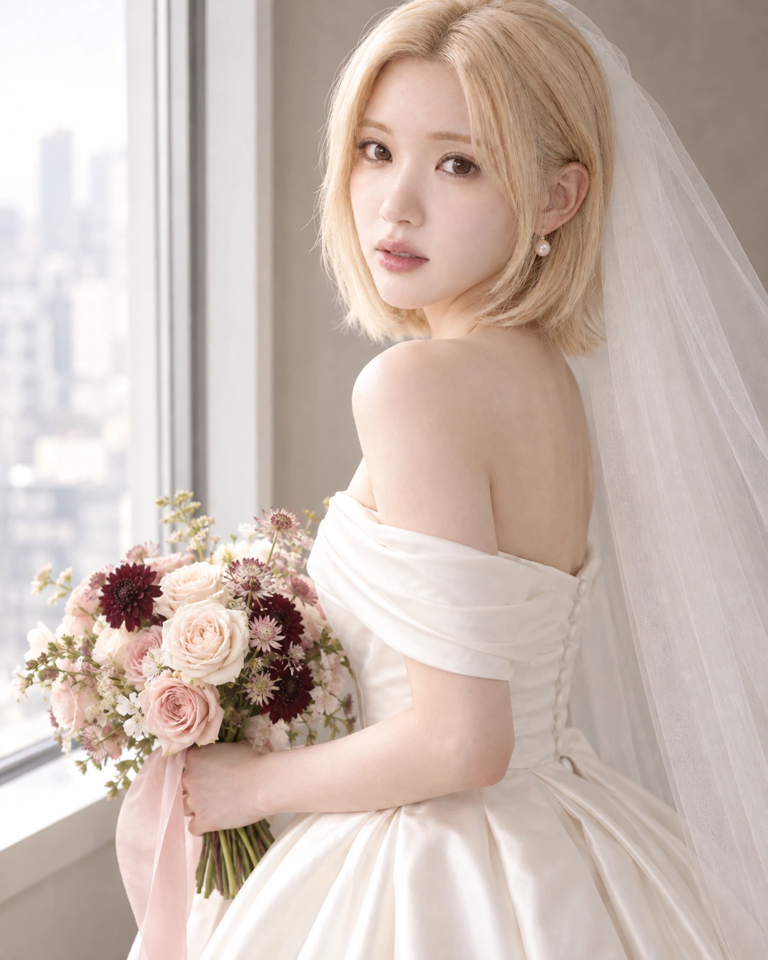 창가에서 부케를 든 신부