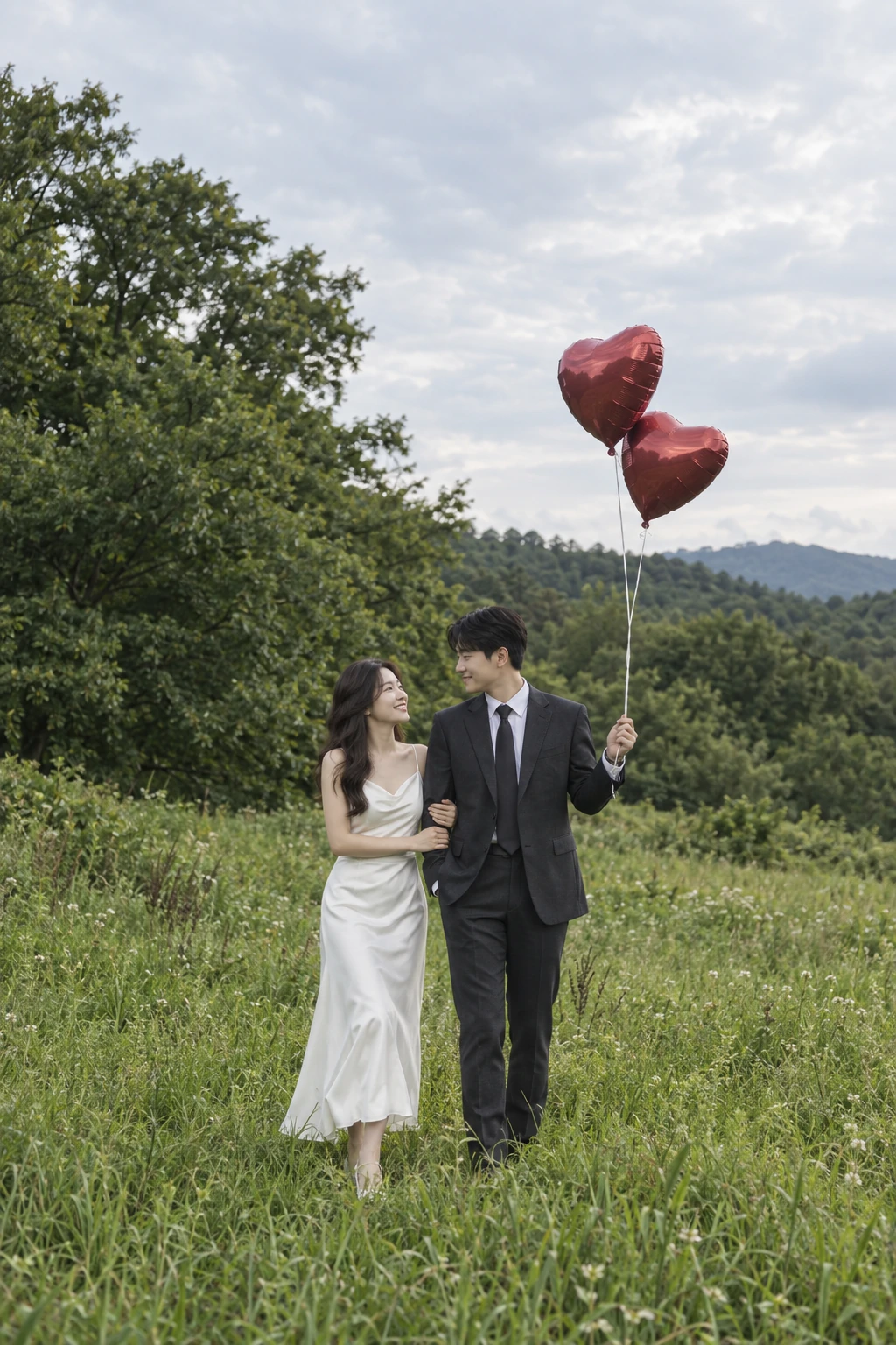 하트 풍선은 줄까지 포함한 크기와 두 사람 사이의 간격을 봅니다.