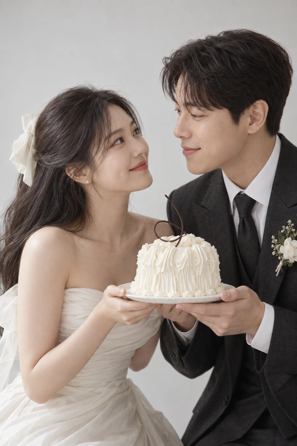 작은 케이크를 함께 들면 두 사람의 손이 한곳에 모입니다.