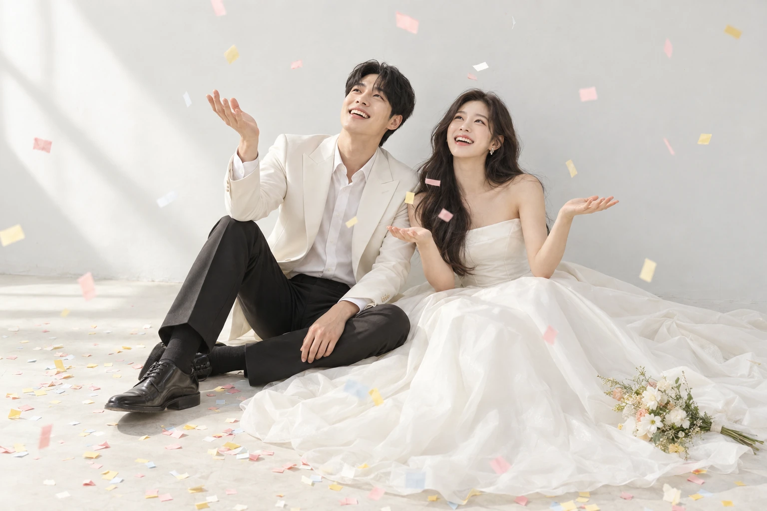 앉아서 웃는 장면에 색이 있는 컨페티로 작은 움직임을 더한 예시.