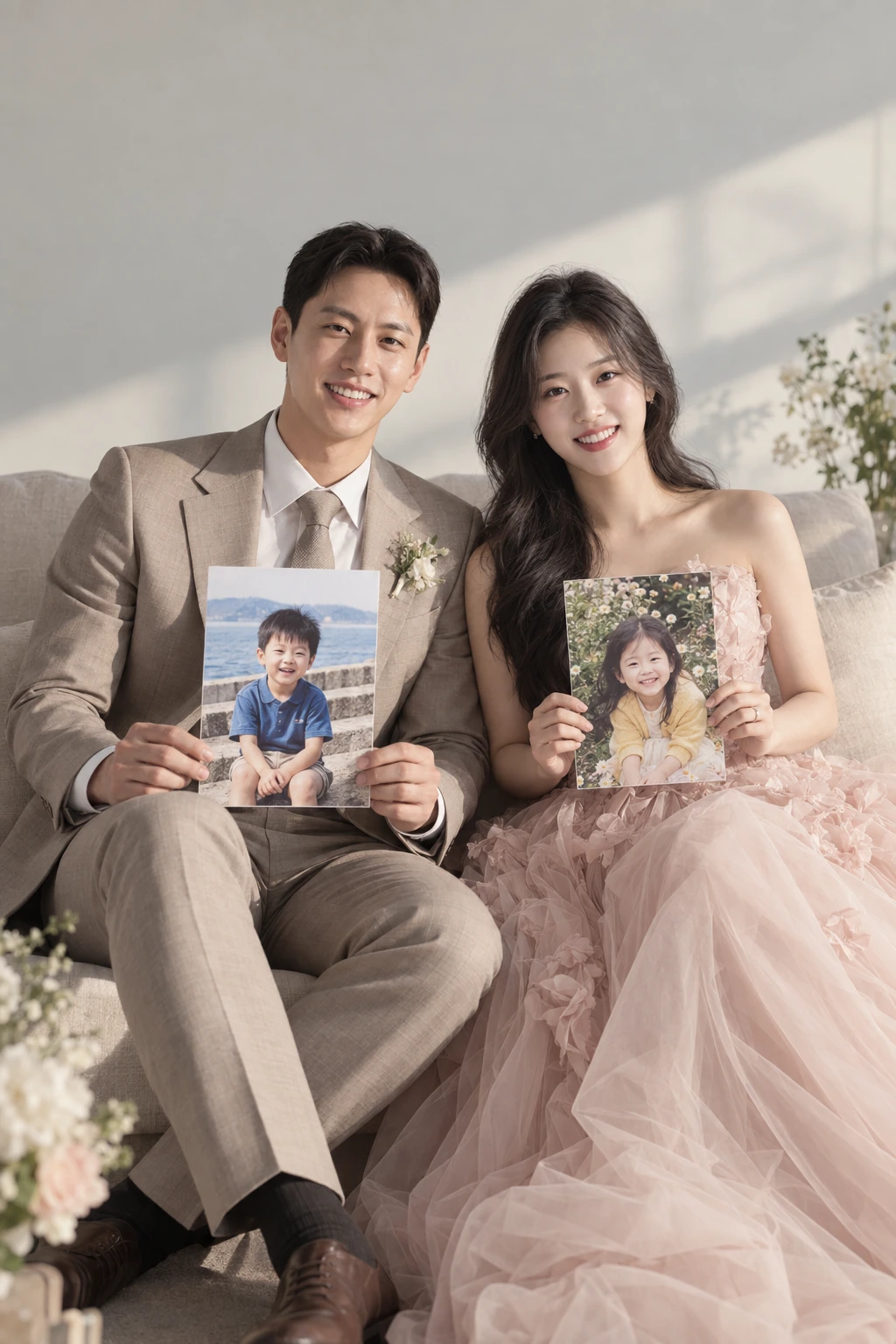 가슴 높이로 사진을 들면 현재의 표정과 어린 시절 사진이 함께 보입니다.