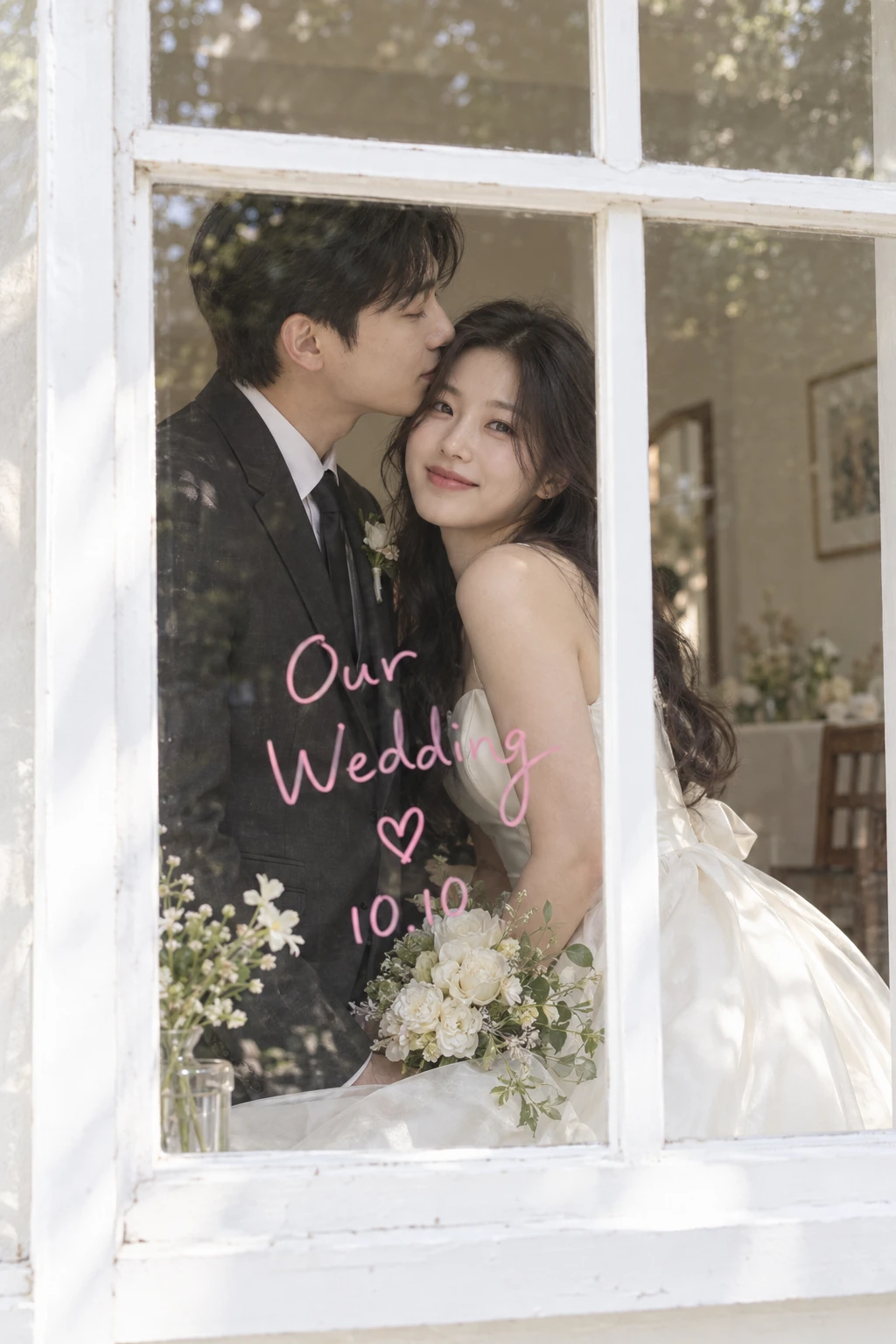 글씨는 얼굴 아래에, 두 사람은 유리 너머에. 반사까지 장면의 일부가 됩니다.